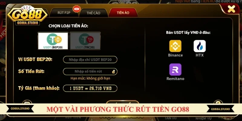 Một vài phương thức rút tiền GO88